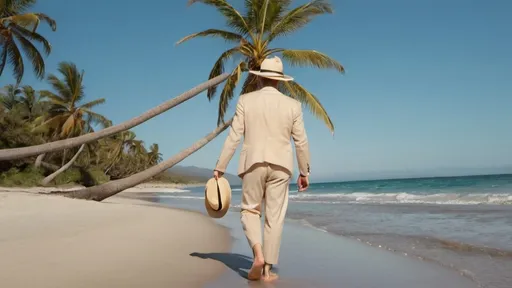 Prompt: a caucasian male is walking bare feet on a sandy beach, surrounded by palm tree. He is wearing a beige suit, a white shirt and a panama hat