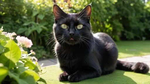 Prompt: A black cat is sitting in a garden, licking its paw while staring at us. The garden is filled with lush greenery and the sun is shining brightly in the sky.