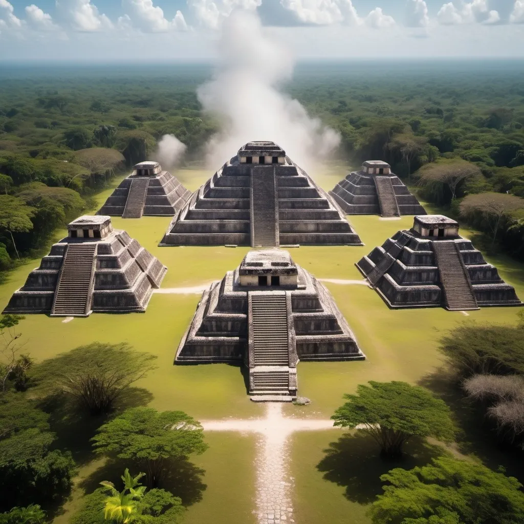 Prompt: draw an aerial view of the central central place of an old abandoned mayan  city. on each side, there are pyramids made of limestone. Tropical vines are starting to cover the buildings. There is mist. Colourful hummingbirds are flying all around