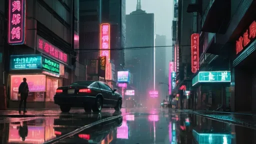 Prompt: A futuristic cityscape with towering skyscrapers looms in the distance. The streets are empty and the only light comes from the neon signs that illuminate the night. The rain is pouring down, creating shimmering reflections of the signs in the puddles below.