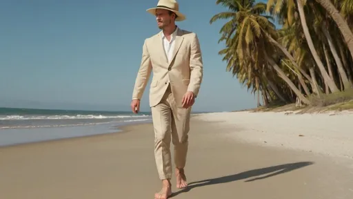 Prompt: a caucasian male is walking bare feet on a sandy beach, surrounded by palm tree. He is wearing a beige suit, a white shirt and a panama hat