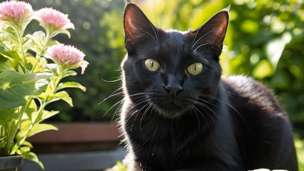 Prompt: A black cat is sitting in a garden, licking its paw while staring at us. The garden is filled with lush greenery and the sun is shining brightly in the sky.