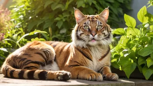 Prompt: A European tiger cat is sitting in a garden, licking its paw while staring at us. The garden is filled with lush greenery and the sun is shining brightly in the sky.