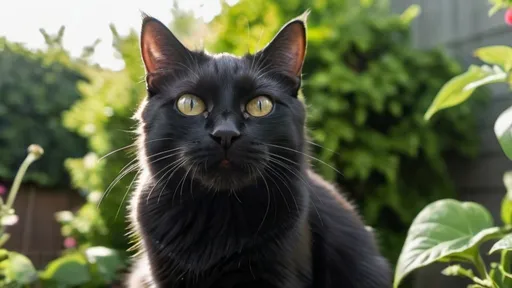 Prompt: A black cat is sitting in a garden, licking its paw while staring at us. The garden is filled with lush greenery and the sun is shining brightly in the sky.