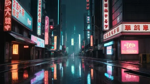 Prompt: A futuristic cityscape with towering skyscrapers looms in the distance. The streets are empty and the only light comes from the neon signs that illuminate the night. The rain is pouring down, creating shimmering reflections of the signs in the puddles below.