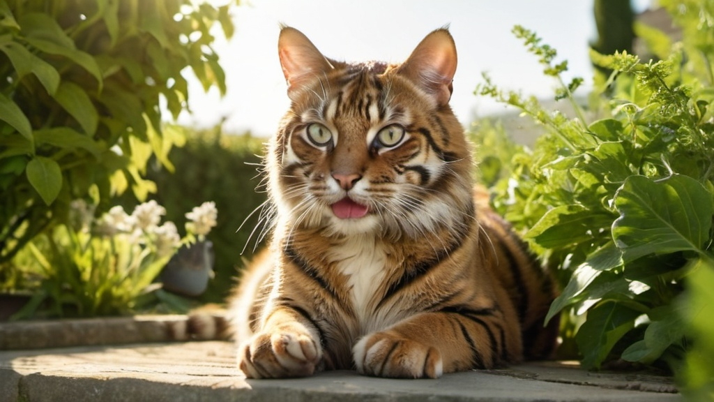 Prompt: A European tiger cat is sitting in a garden, licking its paw while staring at us. The garden is filled with lush greenery and the sun is shining brightly in the sky.