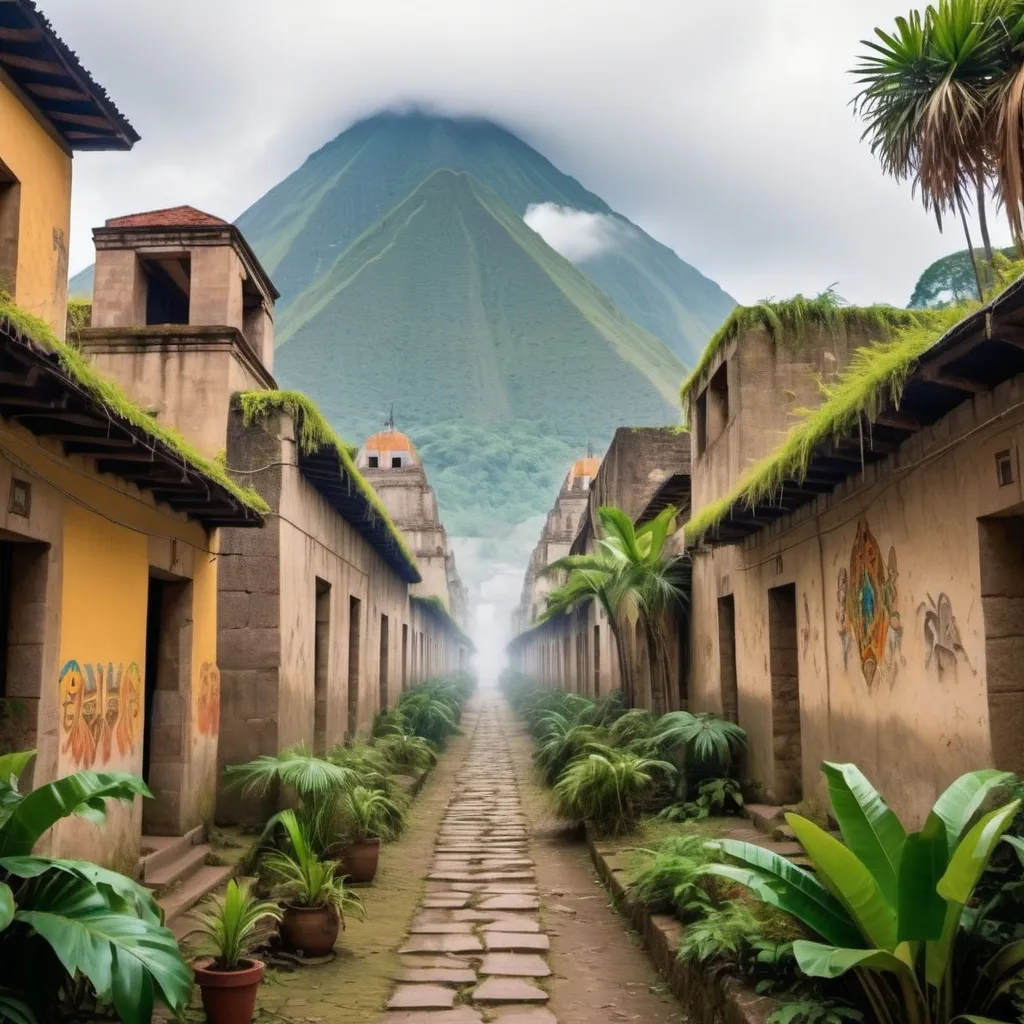 Prompt: draw a view as if the viewer is walking down the central alley of an old abandoned inca city. on each side, there are pyramids and temples made of limestone. Tropical vines are starting to cover the buildings. There is mist. Colourful tropical birds are flying all around