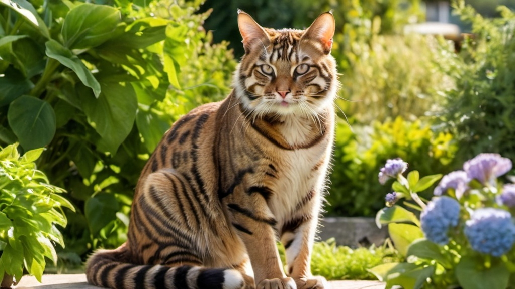 Prompt: A European tiger cat is sitting in a garden, licking its paw while staring at us. The garden is filled with lush greenery and the sun is shining brightly in the sky.