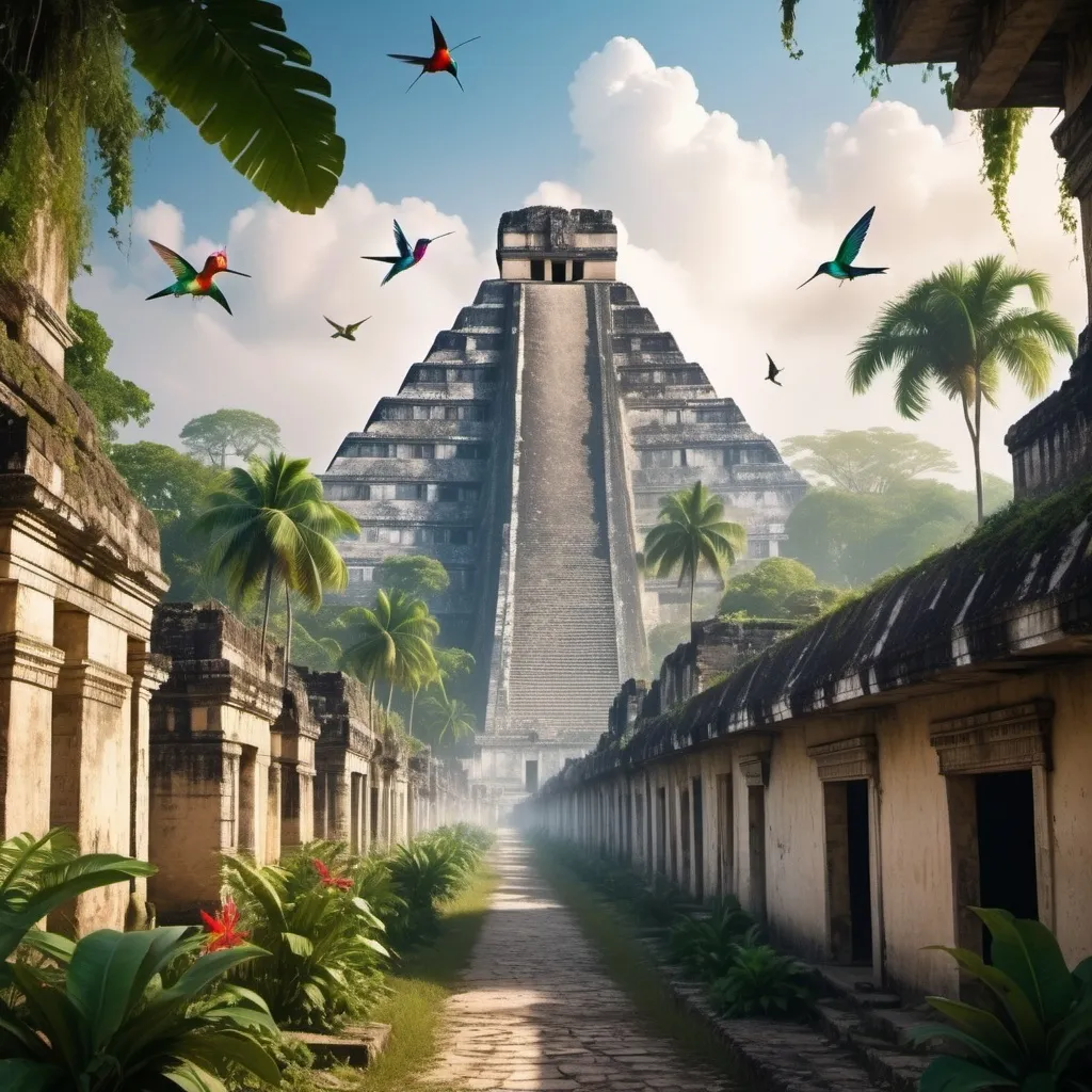 Prompt: draw a view as if the viewer is walking down the central place of an old abandoned mayan  city. on each side, there are pyramids made of limestone. Tropical vines are starting to cover the buildings. There is mist. Colourful hummingbirds are flying all around