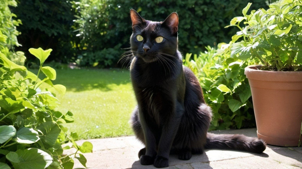 Prompt: A black cat is sitting in a garden, licking its paw while staring at us. The garden is filled with lush greenery and the sun is shining brightly in the sky.