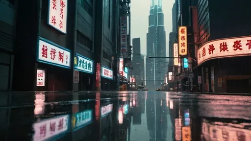 Prompt: A futuristic cityscape with towering skyscrapers looms in the distance. The streets are empty and the only light comes from the neon signs that illuminate the night. The rain is pouring down, creating shimmering reflections of the signs in the puddles below.