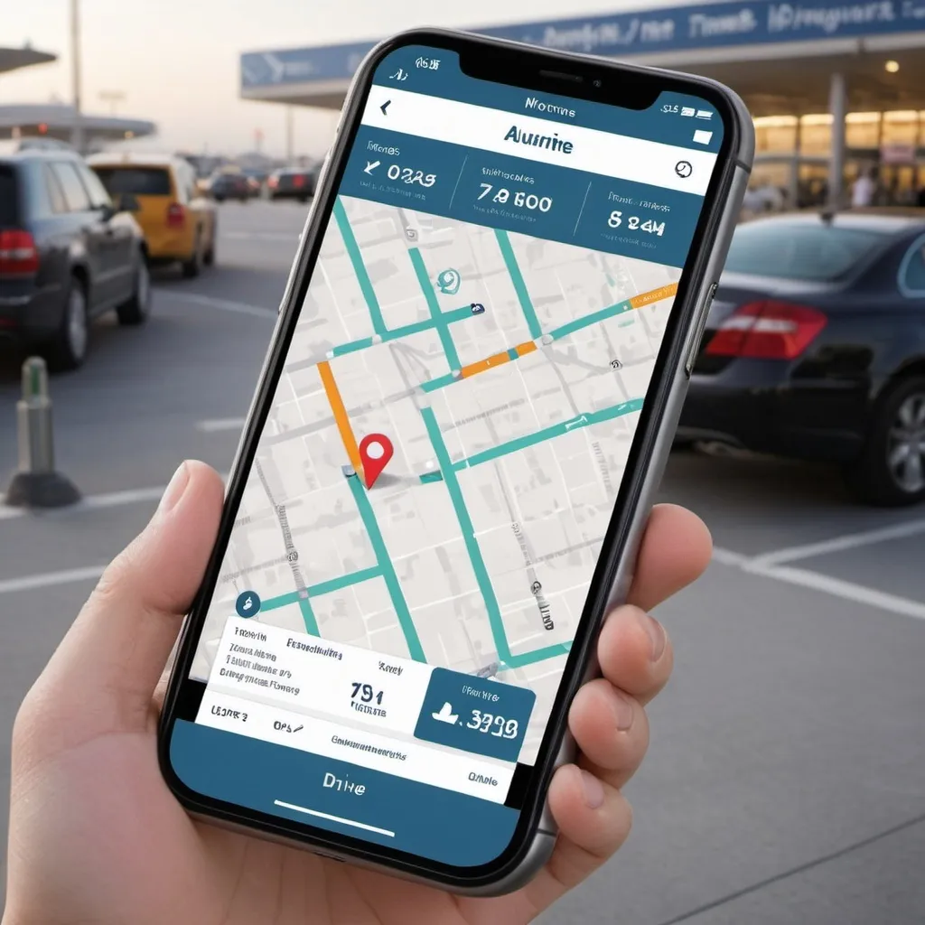 Prompt: draw a picture of a business that provides an all in one app that simplfies the travel experience for users by providing them accurate and comprehensive information in their journey to and from the airport. By offering directions from a user's driveway to the airport, calculating drive time and processing time, and recommending the best parking spot for their travel itinerary, the app saves users time and eliminates the stress and uncertainty of navigating the airport. The app's personalized recommendations and real-time updates ensure that users have the most up-to-date information at their fingertips, making travel planning and execution a seamless and stress-free experience show specefic tabs on a iphone showing distance to parking at airport, time to gate, 
