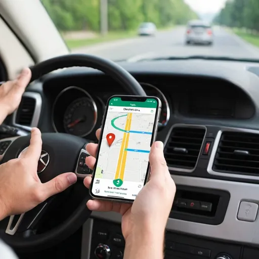 Prompt: use an app for directions drving in car
