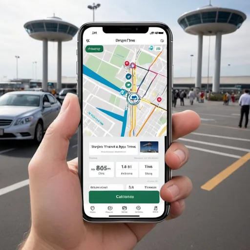 Prompt: draw a picture of an all in one app that simplfies the travel experience for users by providing them accurate and comprehensive information in their journey to and from the airport. By offering directions from a user's driveway to the airport, calculating drive time and processing time, and recommending the best parking spot for their travel itinerary, the app saves users time and eliminates the stress and uncertainty of navigating the airport. The app's personalized recommendations and real-time updates ensure that users have the most up-to-date information at their fingertips, making travel planning and execution a seamless and stress-free experience