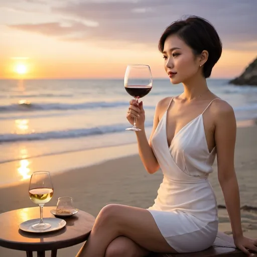 Prompt: 	•	“Chinese woman short hair beach sunset”
	•	“Elegant woman wine glass beachside”
	•	“Short-haired Chinese model relaxing beach”
	•	“Woman in summer dress with wine beach”
	•	“Asian beauty beach wine glass”
	•	“Sophisticated Chinese woman coastal view”
	•	“Stylish woman short hair beach wine”
	•	“Serene beach evening wine woman”
	•	“Chinese woman seaside sunset wine”
	•	“Charming woman sipping wine beach”
