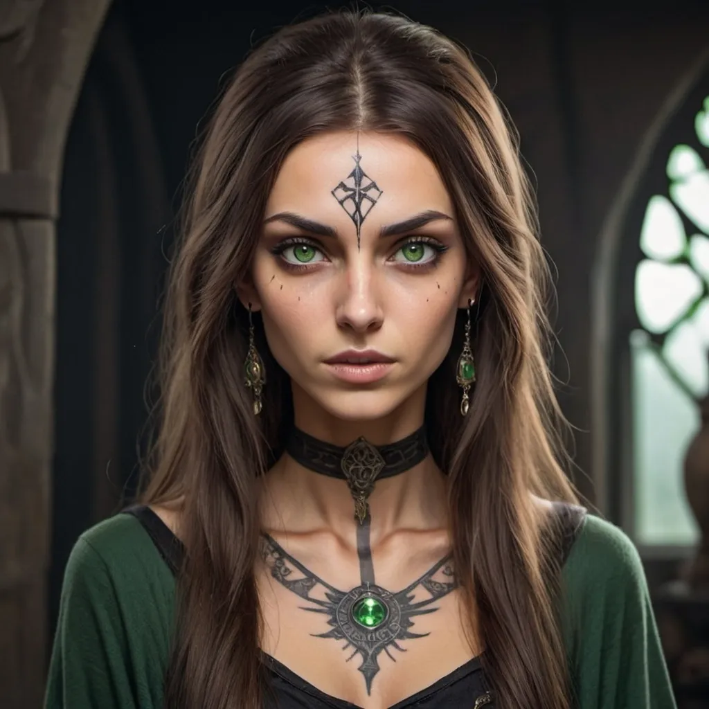 Prompt: A tall wizard woman. She has brown straight hair and green eyes with olive skin. she is fairly thin and kind looking. She has a tattoo on her forehead showing that she trained in necromancy and the tattoo is intense, but shows great importance. 
