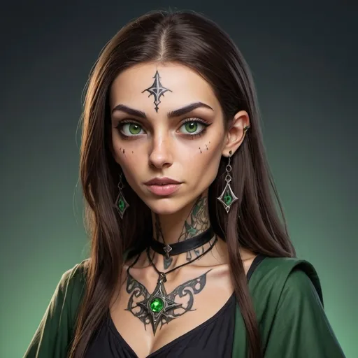 Prompt: A tall wizard woman. She has brown straight hair and green eyes with olive skin. she is fairly thin and kind looking. She has a tattoo on her forehead showing that she trained in necromancy and the tattoo is intense, but shows great importance. This looks almost cartoon-ish
