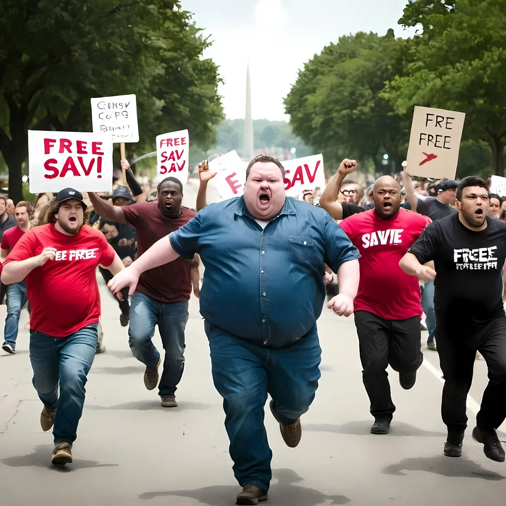 Prompt: A Fat man being chased by a group of angry protesters holding up signs that say “free sav”