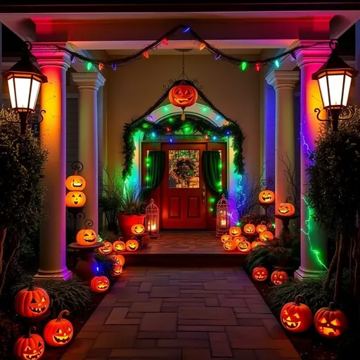 Prompt: The entrance of the villa is full of Halloween decorations, with many pumpkin lanterns and colorful lights.