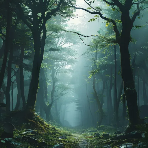 Prompt: suicide forest in Japan, (ethereal atmosphere), vibrant ropes of varied colors juxtaposed against lush greenery, hints of mystery and tranquility, the play of light creating an enchanting yet somber ambiance, (moody and reflective lighting), ultra-detailed, breathtaking nature scene, immersive composition, hints of fog drifting through the trees, contemplative mood amidst breathtaking natural beauty.