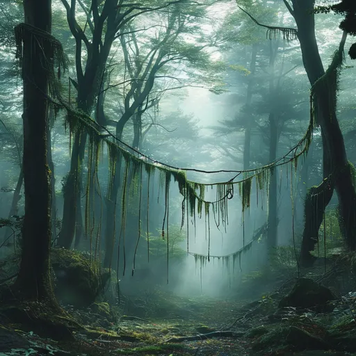 Prompt: suicide forest in Japan, (ethereal atmosphere), vibrant ropes of varied colors juxtaposed against lush greenery, hints of mystery and tranquility, the play of light creating an enchanting yet somber ambiance, (moody and reflective lighting), ultra-detailed, breathtaking nature scene, immersive composition, hints of fog drifting through the trees, contemplative mood amidst breathtaking natural beauty.