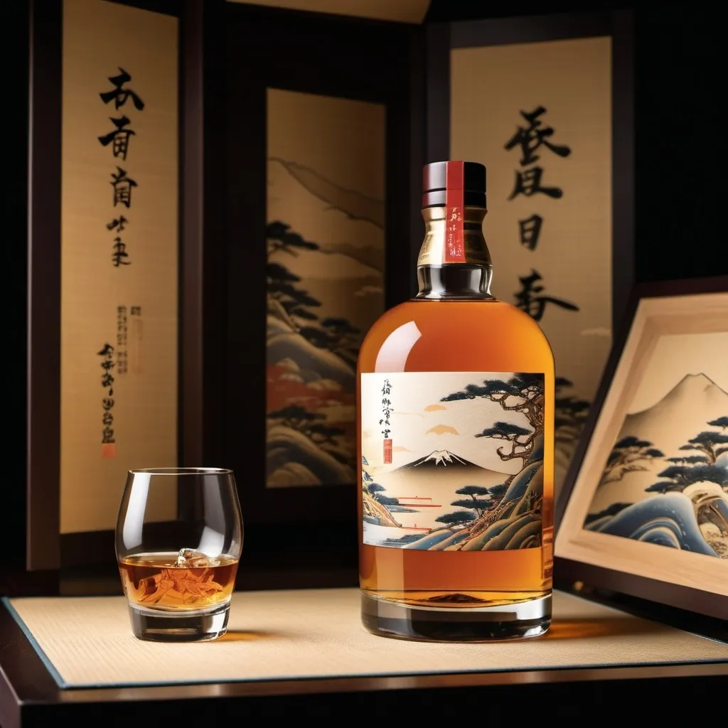 Prompt: limited edition of 200 whiskey made with the spirit of craftsmanship by Japanese whiskey artisans front on the Ukiyo-e folding screen background.