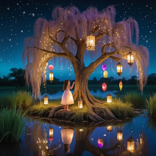 Prompt: A large weeping willow tree in the middle of a wetland pond. Colored glass ornaments, string lights, lanterns , and colorful ribbons hang from the tree. The sky is night purple with shooting stars. A 5 year old dark haired girl in a white dress hangs an ornament on the tree