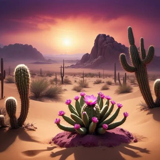 Prompt: Photo realistic Blooming cacti in an open desert. Deep purple sunset and a sandstorm. A chupacabra taking shelter in a cave from the sandstorm 