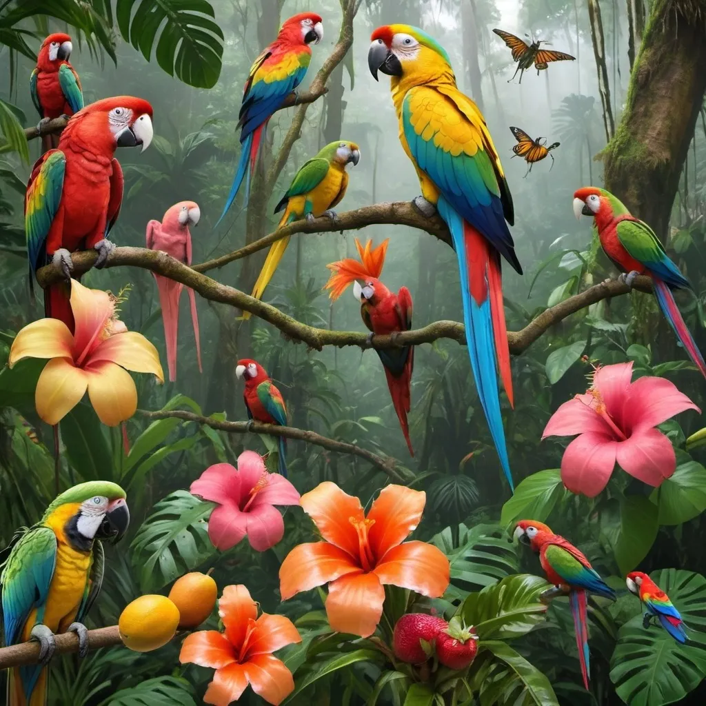 Prompt: Rainforest misty, tropical fruit trees, blooming flowers plants, man eating plants, rare and colorful insects, and parrots 