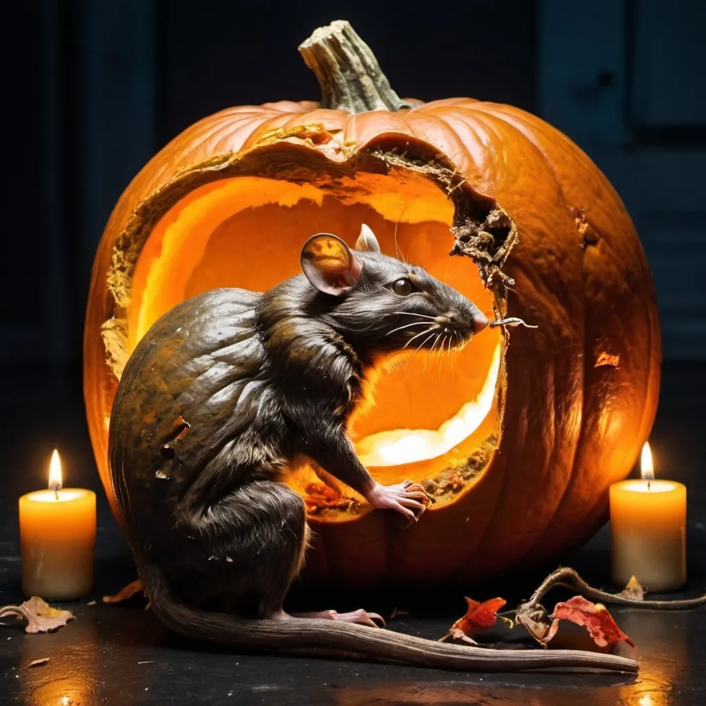 Prompt: Large rotting pumpkin, cracked in half. A rat sits inside eating the pumpkin. Candles are lit around