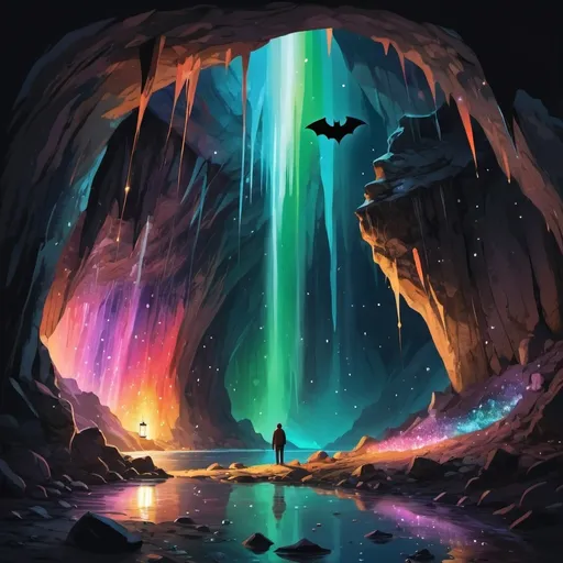 Prompt: A large and long dark cave sparkles with multicolored crystals lining the insides. Bats fly out of the cave and a luminescent stream pours out of it. Night sky with northern lights and a man with a lantern looking into the cave 