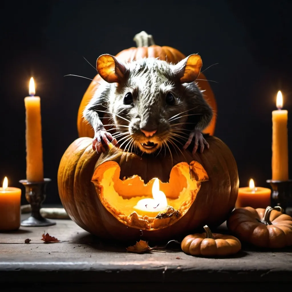 Prompt: Large rotting pumpkin, cracked in half. A rat sits inside eating the pumpkin. Candles are lit around