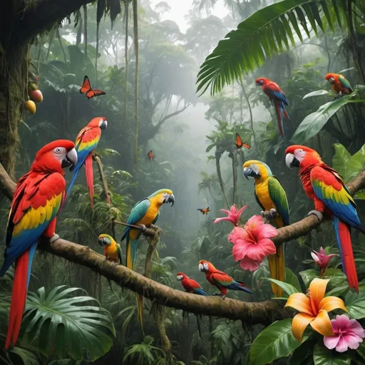 Prompt: Rainforest misty, tropical fruit trees, blooming flowers plants, man eating plants, rare and colorful insects, and parrots 