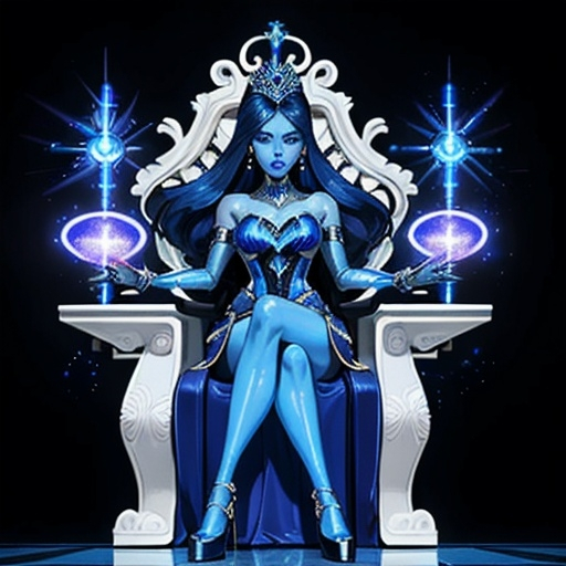 Prompt: A beautiful young woman, stunning, alien, blue skin, real hair, princess, lighted tiara, symmetrical, hardened, twenty-year-old, starship throne room