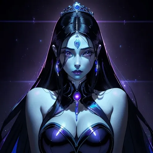 Prompt: A beautiful young woman, stunning, alien, blue skin, purple irises,long black hair, human ears, princess, lighted tiara, symmetrical, hardened, twenty-five-year-old, sensual, well lit mansion livingroom background, ultra realistic, cinematic lighting, Jedi