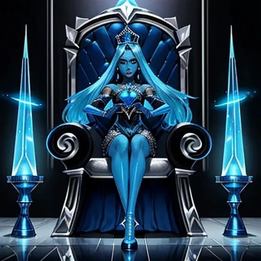 Prompt: A beautiful young woman, stunning, alien, blue skin, real hair, princess, lighted tiara, symmetrical, hardened, twenty-year-old, starship throne room