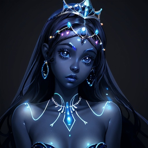 Prompt: Beautiful, young woman, alien princess, dark blue skin, lighted tiara, ultra realistic, highly detailed