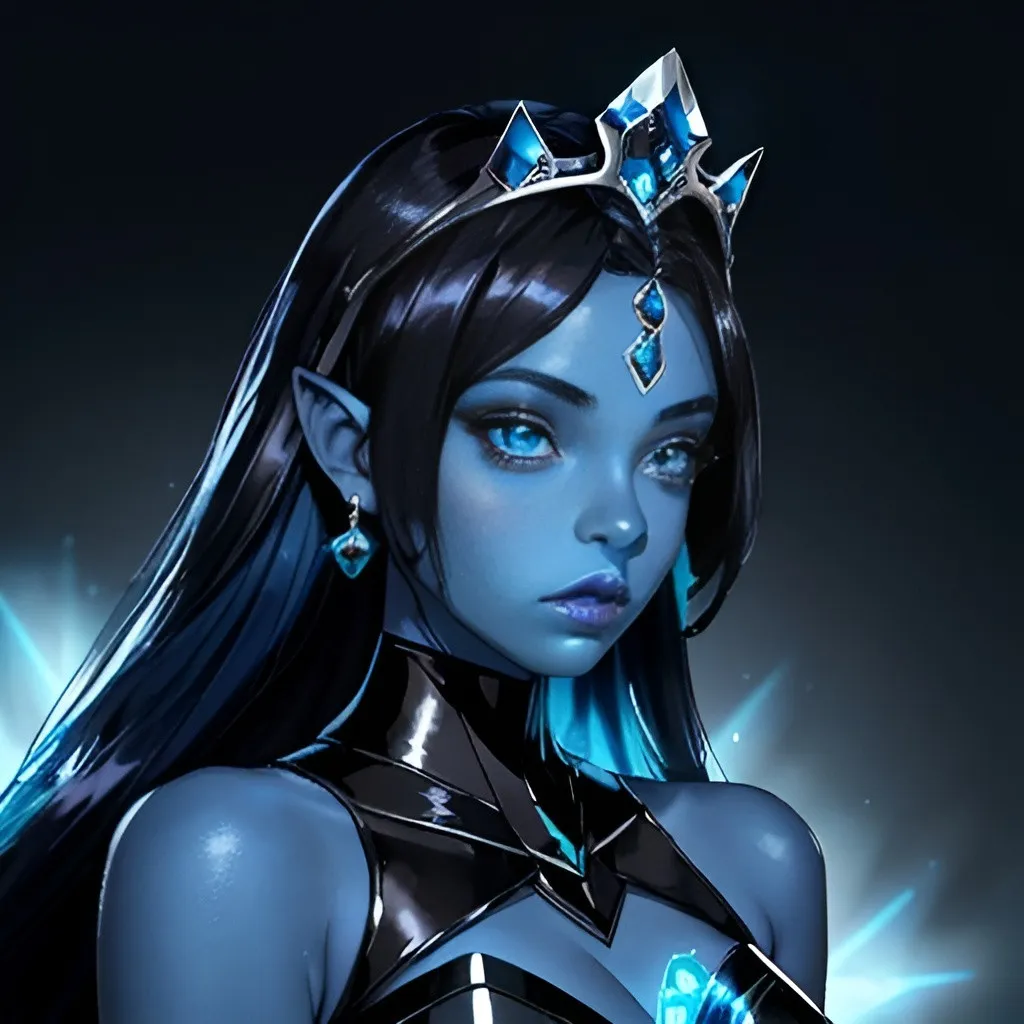 Prompt: A beautiful young woman, stunning, alien, blue skin, black hair, princess, lighted tiara, symmetrical, hardened, twenty-year-old, starship, ultra realistic