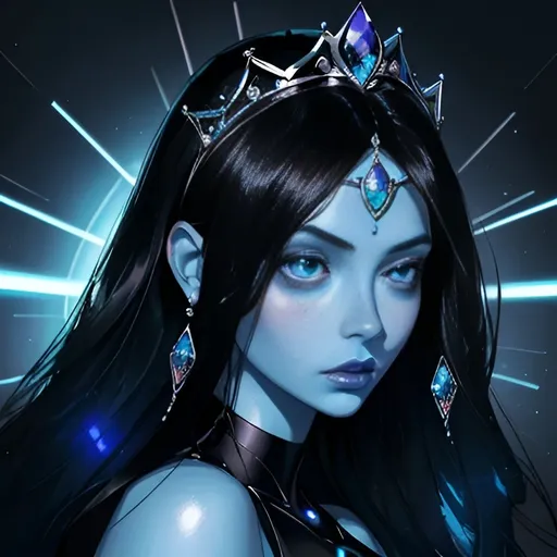 Prompt: A beautiful young woman, stunning, alien, blue skin, long black hair, human ears, princess, lighted tiara, symmetrical, hardened, twenty-five-year-old, starship, ultra realistic