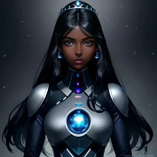 Prompt: A beautiful young woman, stunning, alien, dark blue skin, grey eyes, long black hair, human ears, princess, lighted tiara, symmetrical, hardened, twenty-five-year-old, starship interior, ultra realistic