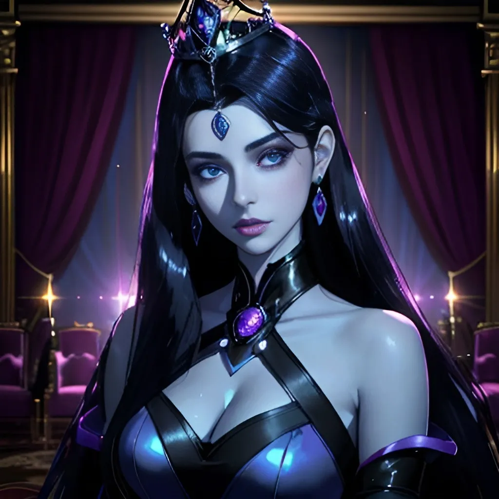 Prompt: A beautiful young woman, stunning, alien, blue skin, purple irises,long black hair, human ears, princess, elegant, rich, lighted tiara, symmetrical, hardened, twenty-five-year-old, sensual, well lit, mansion livingroom background, ultra realistic, cinematic lighting, Jedi