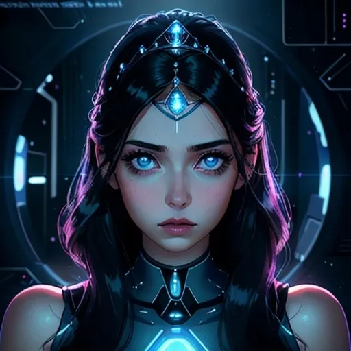 Prompt: A beautiful young woman, stunning, alien, deep blue skin, grey eyes, long black hair, human ears, princess, lighted tiara, symmetrical, hardened, twenty-five-year-old, starship interior, ultra realistic, cinematic lighting, Jedi