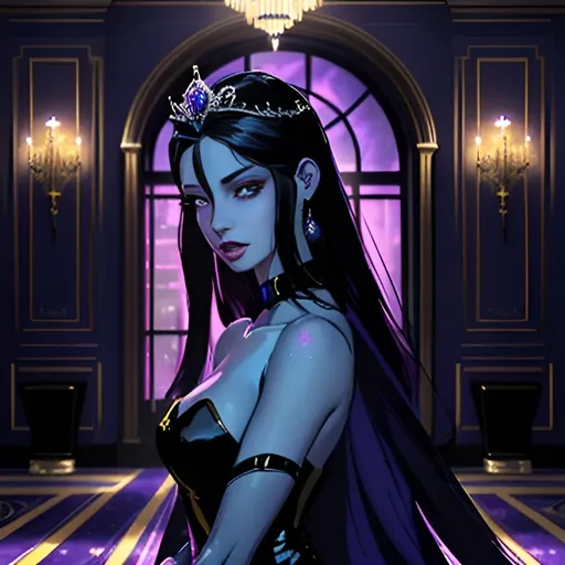 Prompt: A beautiful young woman, stunning, alien, blue skin, purple irises,long black hair, human ears, princess, elegant, rich, lighted tiara, symmetrical, hardened, twenty-five-year-old, sensual, yellow formal dress, well lit, mansion livingroom background, ultra realistic, cinematic lighting, Jedi