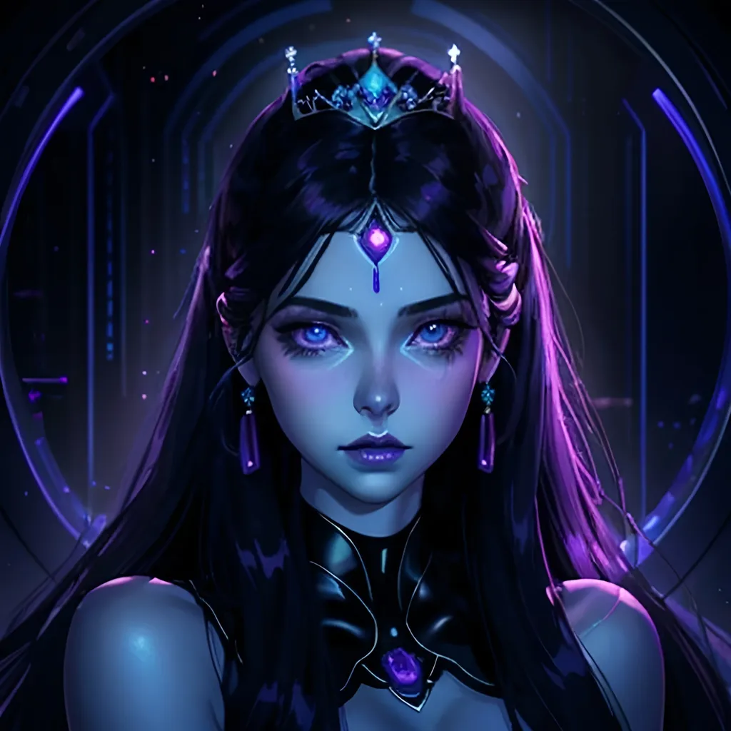 Prompt: A beautiful young woman, stunning, alien, blue skin, purple irises,long black hair, human ears, princess, lighted tiara, symmetrical, hardened, twenty-five-year-old, sensual, starship interior, ultra realistic, cinematic lighting, Jedi