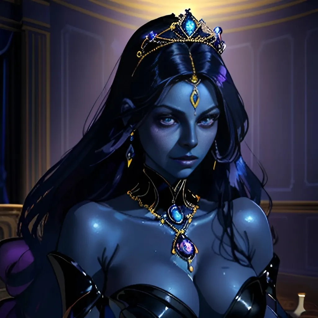 Prompt: A beautiful young woman, stunning, alien, (((dark-blue skin))), purple irises,long black hair, human ears, princess, elegant, rich, lighted tiara, symmetrical, hardened, twenty-five-year-old, sensual, yellow formal dress, well lit, mansion livingroom background, ultra realistic, cinematic lighting, Jedi