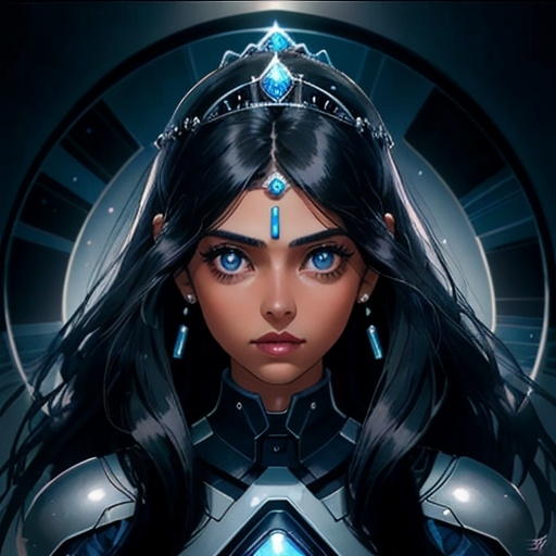 Prompt: A beautiful young woman, stunning, alien, dark blue skin, grey eyes, long black hair, human ears, princess, lighted tiara, symmetrical, hardened, twenty-five-year-old, starship interior, ultra realistic