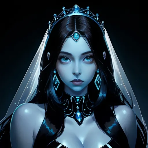 Prompt: A beautiful young woman, stunning, alien, blue skin, long black hair, human ears, princess, lighted tiara, symmetrical, hardened, twenty-five-year-old, starship, ultra realistic