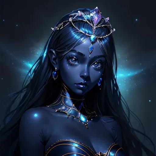 Prompt: Beautiful, young woman, alien princess, dark blue skin, lighted tiara, ultra realistic, highly detailed