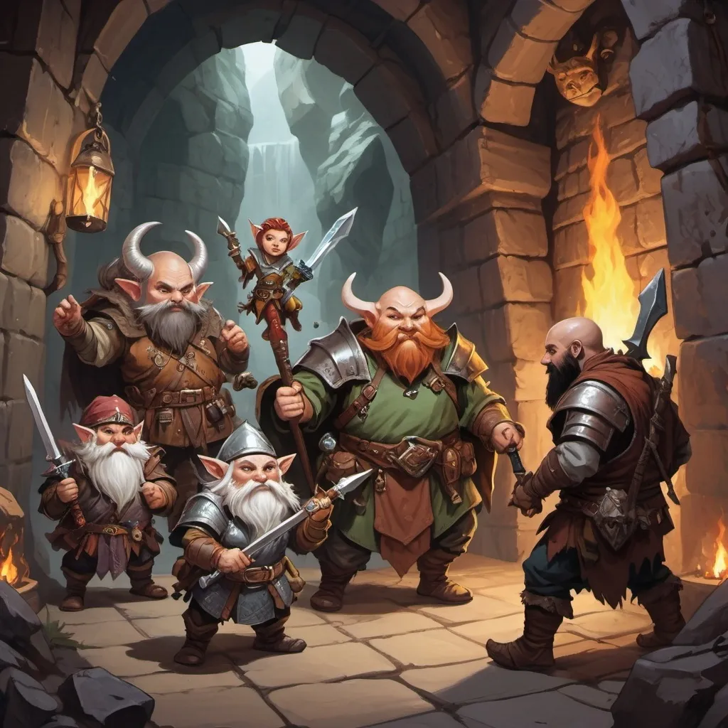 Prompt: Please produce an image of a party of Dungeons and Dragons adventurers exploring a dungeon. The party consists of: two autognomes of which one is a monk and the other an artificer; a minotaur fighter wearing chainmail and carrying a sword; a fairy warlock; a mountain dwarf barbarian and a tabaxi rogue