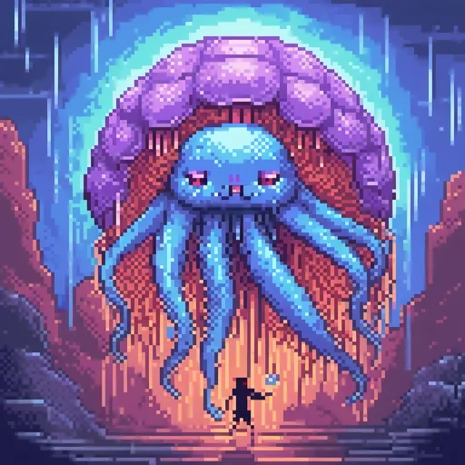 Prompt: (cinematic scene), a fierce cat confronting a massive (blue) jellyfish, the cat unleashing (purple rays) from its paws, engulfed in (blue fire) swirling around, intense colors contrasting vividly, dynamic action, emotional tension, detailed textures, ethereal glow of jellyfish, epic atmosphere, magical energy, ultra-detailed, HD quality.